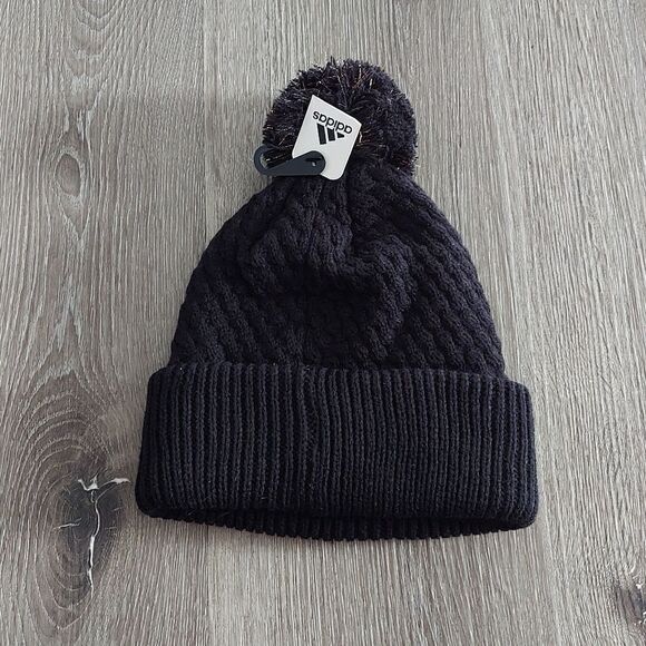 NEW Adidas Twilight II Lurex Ballie Pom Winter Fall Beanie Hat Black/Gold Youth - Picture 2 of 3